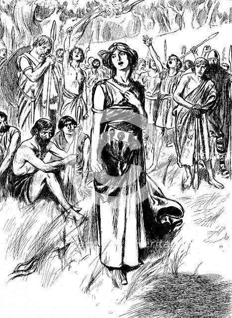 Boudicca (Boadicea) lst century British queen of the Iceni, rallying her troops, c1900. Artist: Unknown