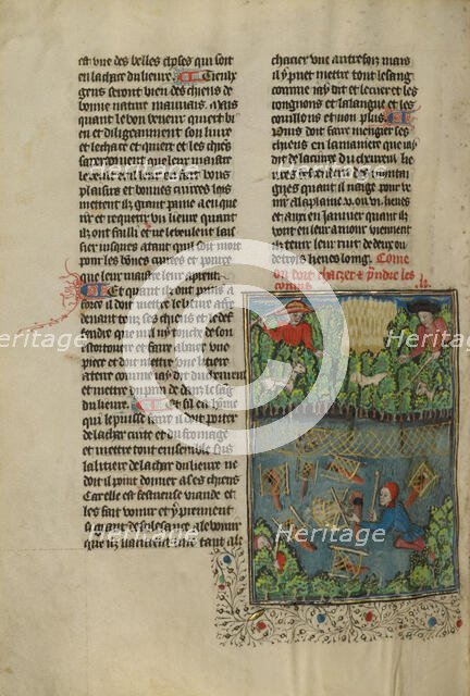 Hunters and Dogs Ferreting out Rabbits; Livre de la Chasse, about 1430-1440. Creator: Unknown.