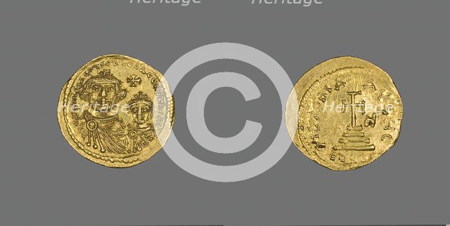 Solidus (Coin) Portraying Heraclius and His Son Heraclius Constantine, 613-616. Creator: Unknown.