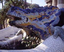 Detail of the dragon in the entrance stairway to Park Güell, built between 1900-1914 by Antoni Ga…