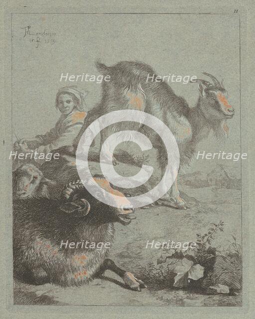 Seated Shepherdess, a Ram, a Sheep and a Goat, 1759. Creator: Francesco Londonio.