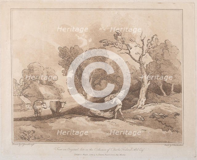 Landscape with a Figure Carrying a Bundle of Branches, a Copice Behind, Two Cows i..., May 21, 1789. Creator: Thomas Rowlandson.