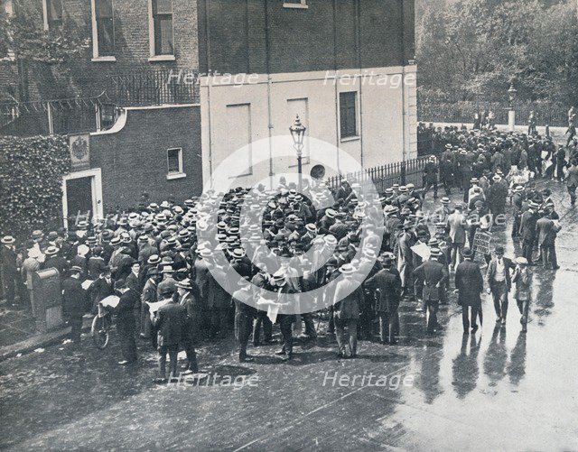 Before England declared war: German Reservists waiting outside German Consulate in London, 1914. Artist: Unknown