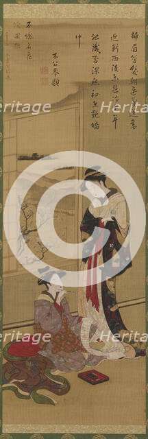 Interior: a courtesan writing; another looking on, late 18th-early 19th century. Creator: Hokusai.