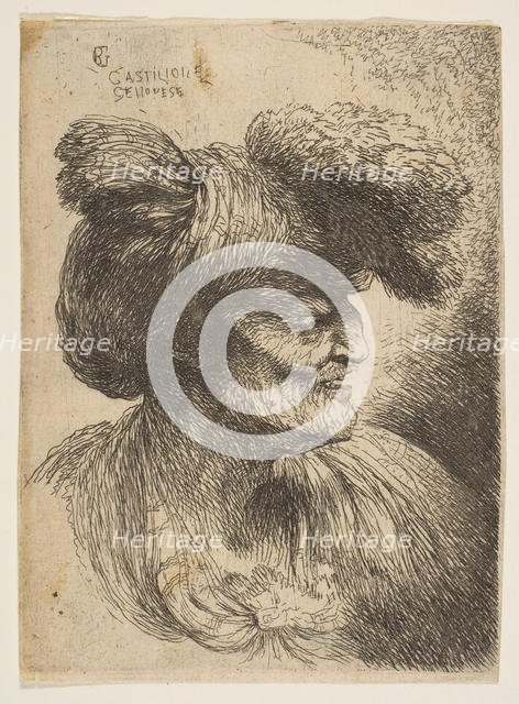 Bust of beardless old man in profile facing right, from the series of 'Small Heads ..., ca. 1645-50. Creator: Giovanni Benedetto Castiglione.