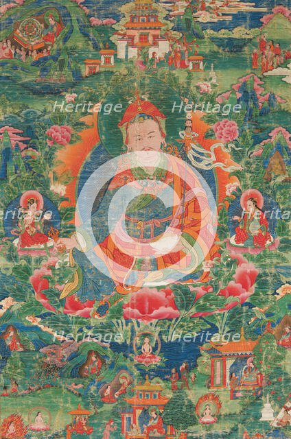 Thangka of Padmasambhava with scenes from his life, Early 19th cen.. Creator: Tibetan culture.