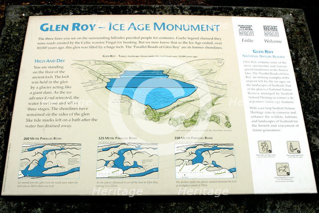 Sign describing the Ice Age Monument, Glen Roy, Highland, Scotland.