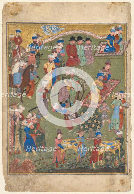 Royal Feast in a Garden (recto) from the double-page frontispiece of a Shahnama..., 1444. Creator: Unknown.
