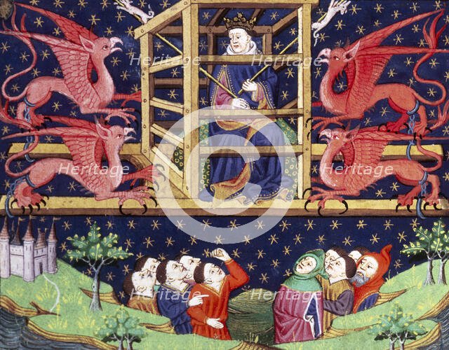 Alexander the Great, in a cage, being carried aloft by griffins, mid 15th century.  Creator: Unknown.