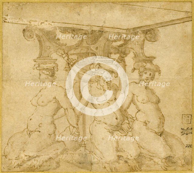 Design for an Ornamental Base with Kneeling Satyresses and Satyr, n.d. Creator: Unknown.