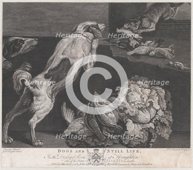 Dogs and Still Life, 1778. Creators: Pierre-Charles Canot, Joseph Farington.