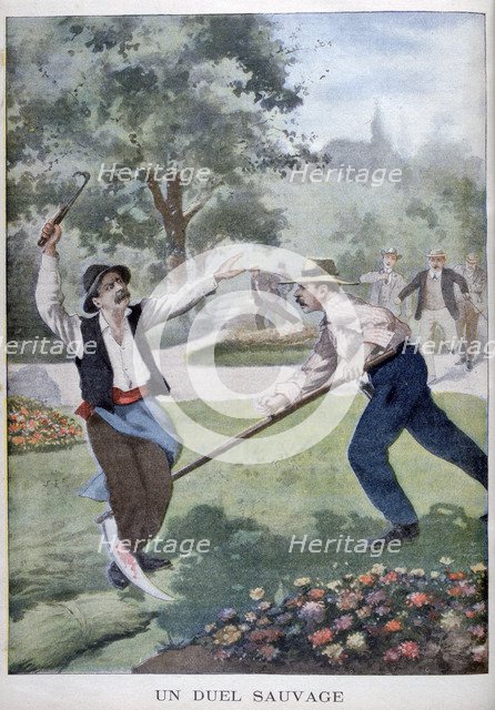 A wild fight involving harvesting implements, 1902. Artist: Unknown