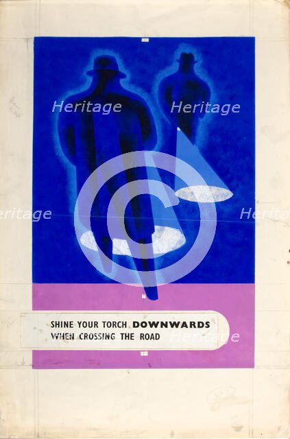 'Shine your torch downwards when crossing the road', WWII road safety poster, between 1939-1946. Creators: Central Office of Information, Tom Gentleman.