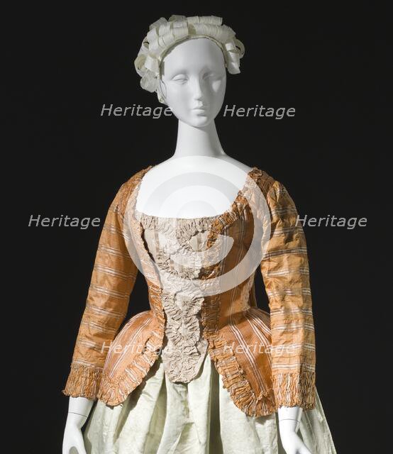 Woman's striped silk sack-back jacket (caraco), Europe, c.1760, altered c.1780. Petticoat: c.1785. Creator: Unknown.