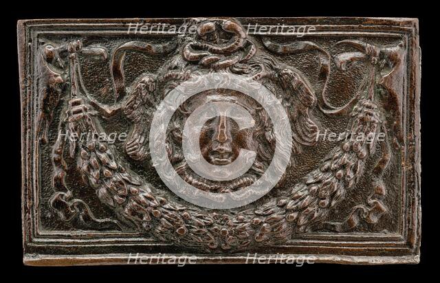 End panel of a writing casket: Medusa Head, Garland, and Bucrania, c. 1500. Creator: Unknown.