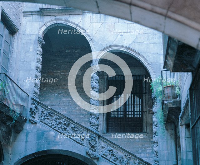 Detail of the staircase in the courtyard of the Dalmases Palace, Catalan baroque architecture fro…