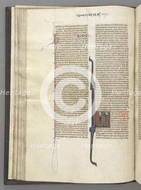Fol. 46v, Numbers, historiated initial L, Moses with horns, kneeling before God, c. 1275-1300. Creator: Unknown.
