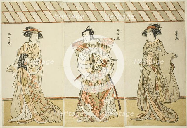 The Actors Onoe Tamizo I as Nishikigi (?) or Otae (?) (right), Ichikawa Danjuro V as..., c. 1778. Creator: Shunsho.