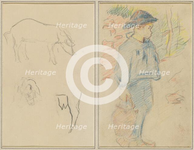 Three Studies of a Pig; Breton Boy Walking with a Jug [recto], 1884-1888. Creator: Paul Gauguin.
