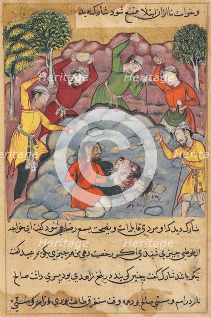 Page from Tales of a Parrot (Tuti-nama): The Raja’s daughter and her lover stoned..., c. 1560. Creator: Unknown.