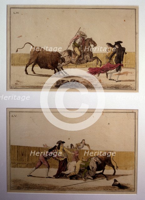  'Suerte de Varas' (Bullfighting stage), colored engraving by Antonio Carnicero.