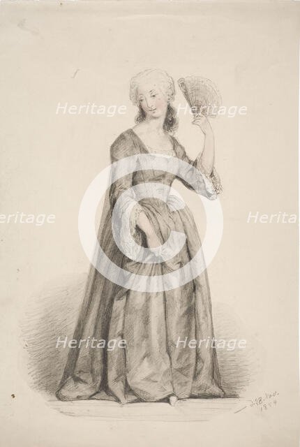 A standing woman in a black dress, her hair powdered and a fan in her hand, 1854. Creator: Karl Anders Ekman.