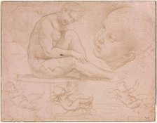 Studies of a Seated Female, Child's Head, and Three Studies of a Baby, c. 1507-8. Creator: Raphael (Italian, 1483-1520).