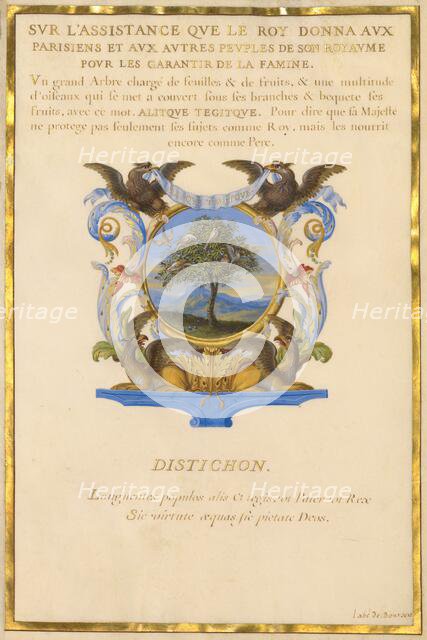 Escutcheon with a Landscape; Three Emblems for Louis XIV, about 1663-1668. Creator: Jacques Bailly.