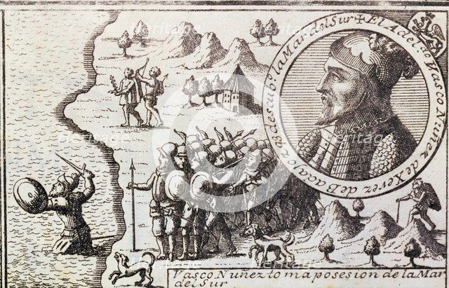  'Vasco Nunez takes possession of the South Sea', engraving from 1726, Vasco Nunez de Balboa, (14…