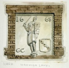 Effigy of Guy, Earl of Warwick, on the wall of a house in Warwick Lane, City of London, c1820.       Artist: Frederick Nash