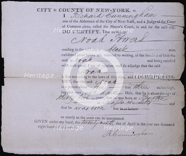 Freedom paper for Noah Powers, an African-American man, 1811-04-29.  Creator: Unknown.