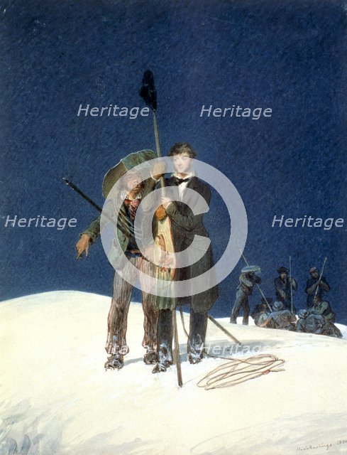 Charles Fellows with William Hawes, plants a baton on the summit of Mont Blanc, 1827. Artist: WS Hastings