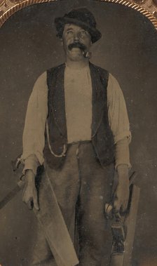 Carpenter with Saw, Hammer, and Jointer, 1860s-70s. Creator: Unknown.