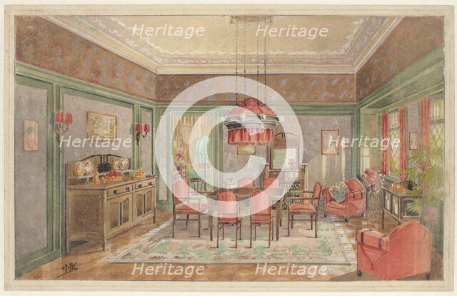 Dining room with red chairs, c.1925. Creator: Monogrammist HK.