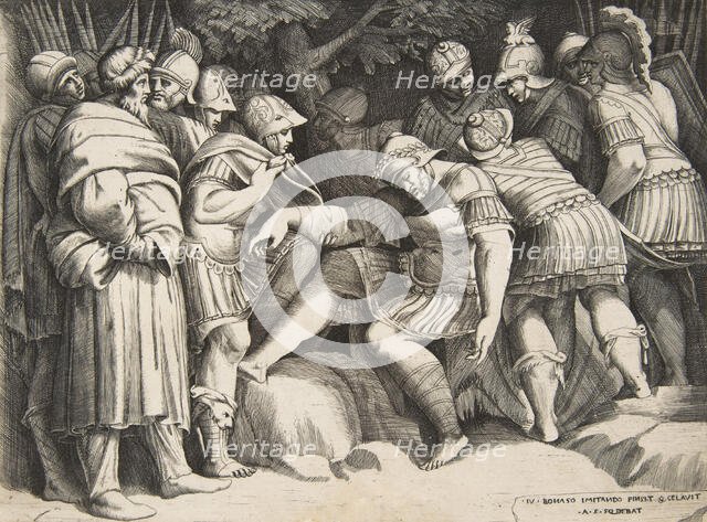 The wounded soldier Scipio in the centre surrounded by figures, 1531-76. Creator: Giulio Bonasone.