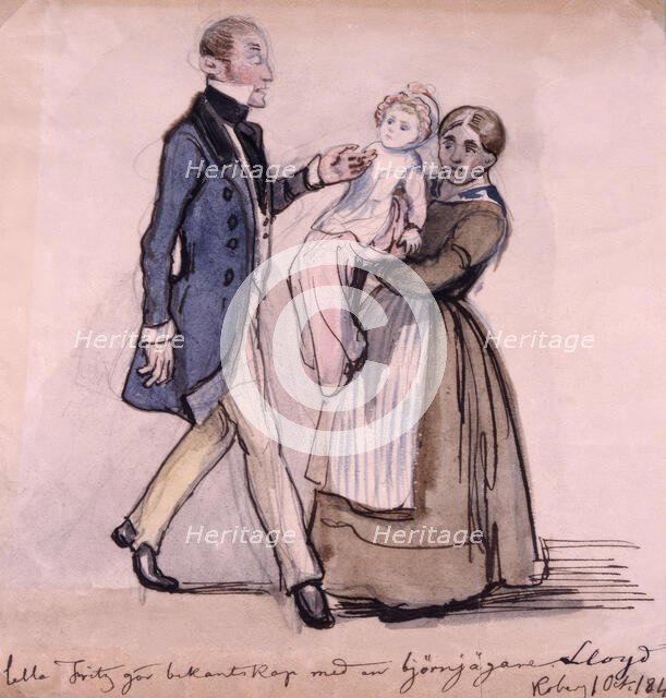 "Little Fritz makes the acquaintance of a bear hunter Lloyd. Koberg 1 Oct. 1843."  Creator: Fritz von Dardel.