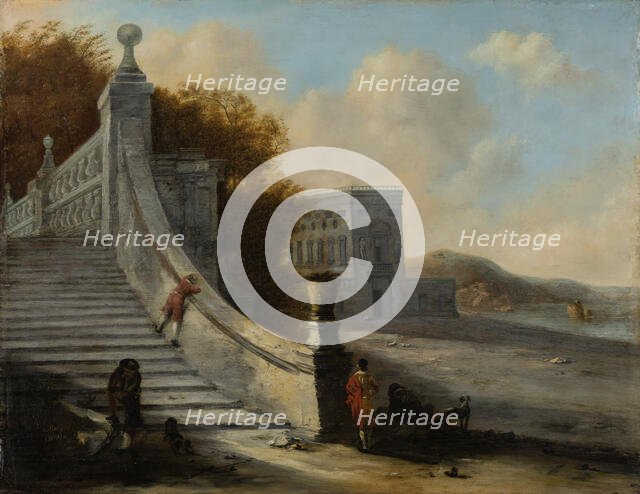 Palace with Outdoor Stairs at the Sea, (1640-1660?). Creator: Follower of Johann Wilhelm Baur?.