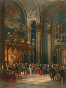 Homage of Cossack officers in the Throne Hall, coronation of Tsar Alexander II, Moscow, 1856.  Artist: Georg Wilhelm Timm