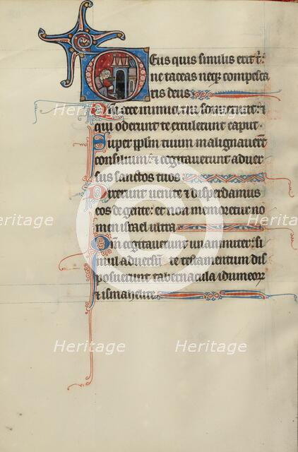 Initial D: A Man Hammering a Nail into the Ground before a Building; Bute Psalter, about 1285. Creator: Bute Master.