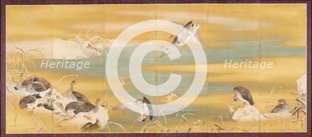 Geese and Reeds in Snow, 1911. Creator: Mochizuki Gyokusen.