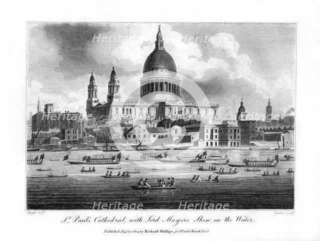 'St Paul's Cathedral, with the Lord Mayor's Show on the Water', London, 1804.Artist: Newton