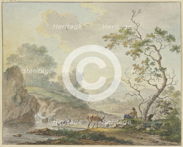 A shepherd with a cow and goats is by a waterfall. Creator: Johannes Christiaan Janson.