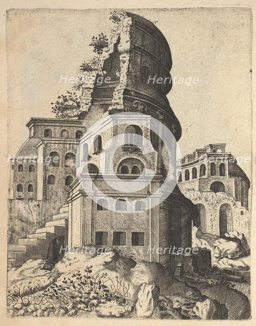 Vertical Landscape with the Ruins of the Temple of Venus and Roma, from the series 'Ruinar..., 1554. Creator: Lambert Suavius.