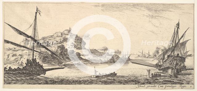 Plate 8: A the bow of a galley at left and another galley at right, seen from behind..., ca. 1641. Creator: Stefano della Bella.