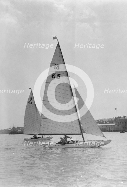 The 18-foot keelboats 'Vanity' (K5) and 'Asphodel' (K4) racing, 1922. Creator: Kirk & Sons of Cowes.