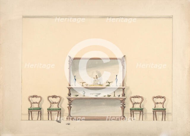 Design for a Mirrored, Marble-topped Sideboard and Four Chairs, early 19th century. Creator: Anon.