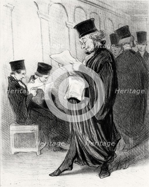 Lawyer Chabotard while reading in a legal journal a eulogy on himself, 1846.  Creator: Daumier, Honoré (1808-1879).