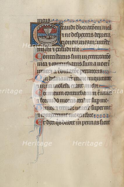 Initial E: Passengers in a Boat Crying Out to God for Mercy; Bute Psalter, about 1285. Creator: Bute Master.