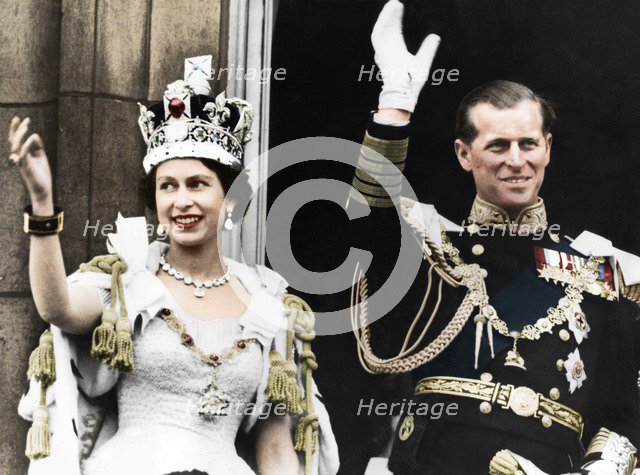 Queen Elizabeth II and the Duke of Edinburgh on their coronation day, Buckingham Palace, 1953. Artist: Unknown.