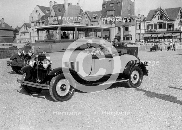 Opel open 2-seater and Laffly omnibus, Boulogne Motor Week, France, 1928. Artist: Bill Brunell.